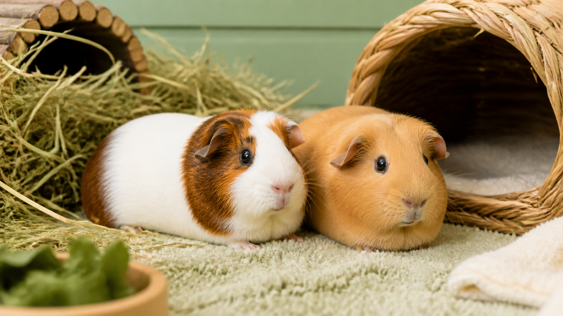 Two American guinea pigs resting together beside hay and hides