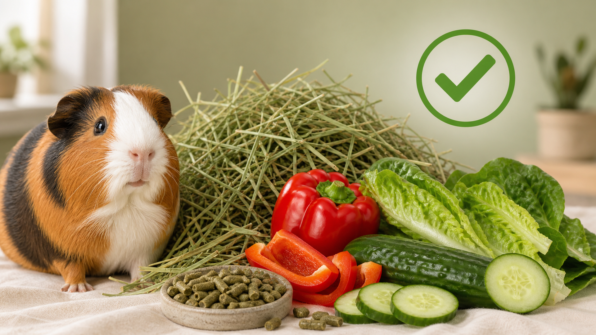 Safe guinea pig food with hay, vegetables and a green approval mark