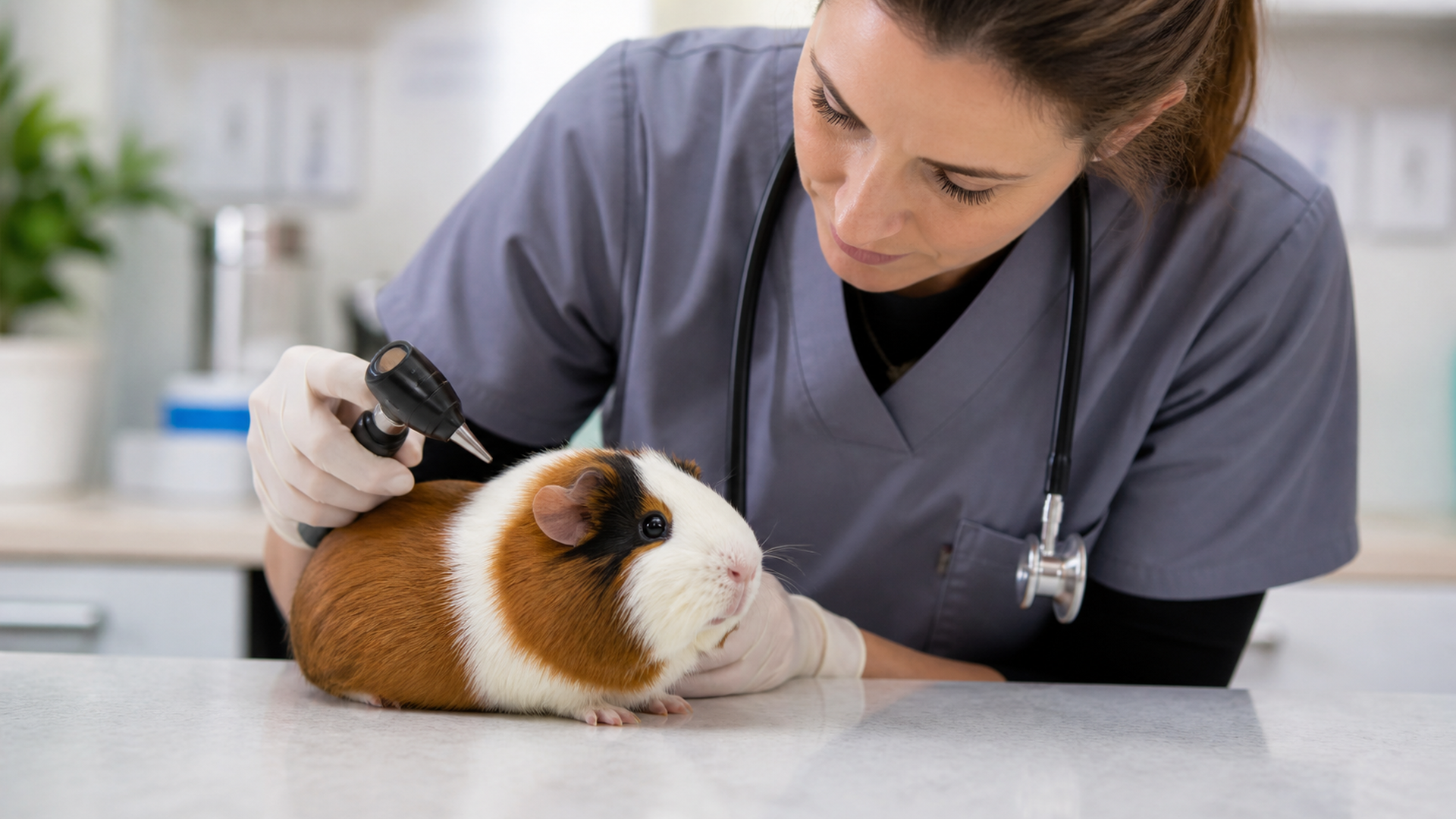 Guinea pig receiving an examination from an exotic-animal veterinarian