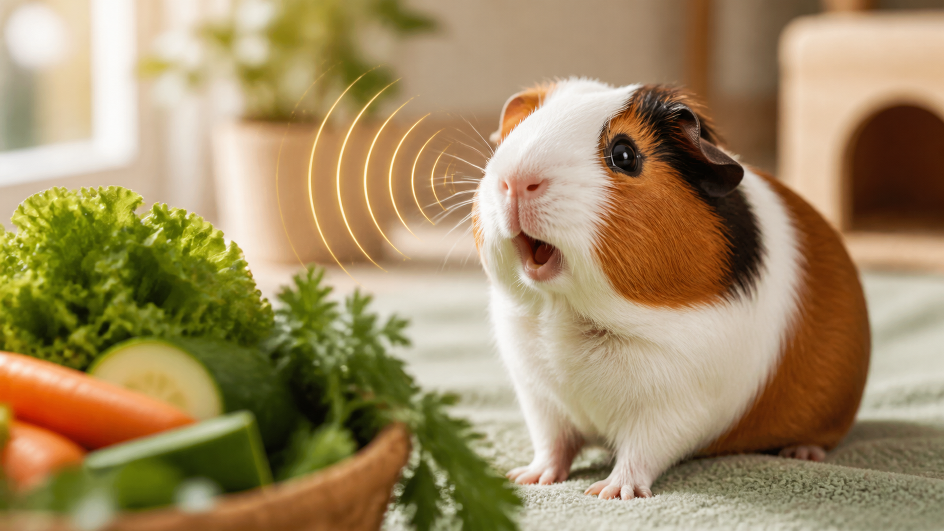 Guinea pig wheeking excitedly beside fresh vegetables