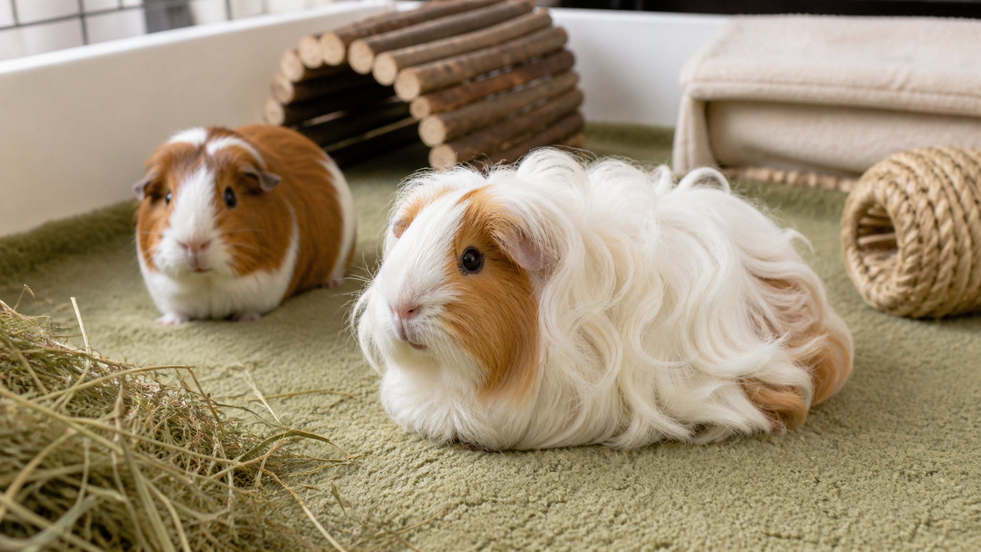 Texel guinea pig in a clean fleece habitat with a companion